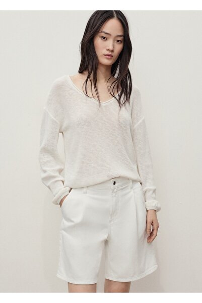 MANGO Woman Orta bel pileli denim bermuda şort