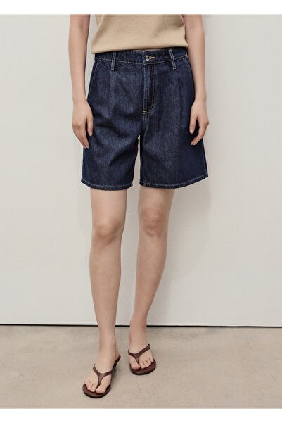 MANGO Woman Orta bel pileli denim bermuda şort