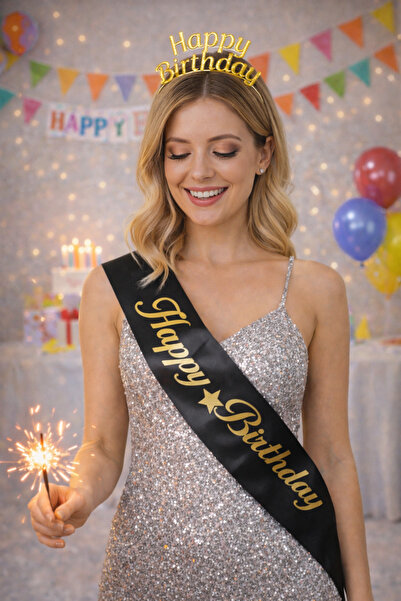 Larenya Happy Birthday Yazılı Metal Taç Ve Kuşak & Siyah Altın Kuşak Altın Taç