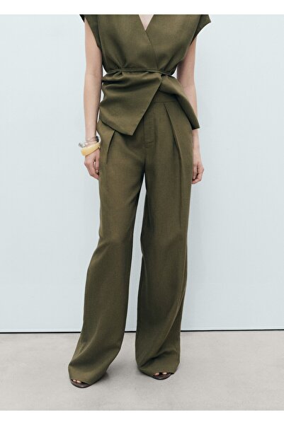 MANGO Woman Düz kesim keten karışımı pantolon