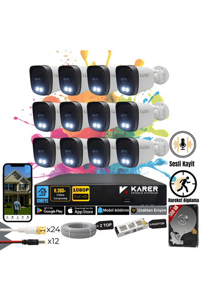 KARER Exitcam-12'li AHD Güvenlik Kamera Seti-Gece Renkli- Su Geçirmez-Sesli K...