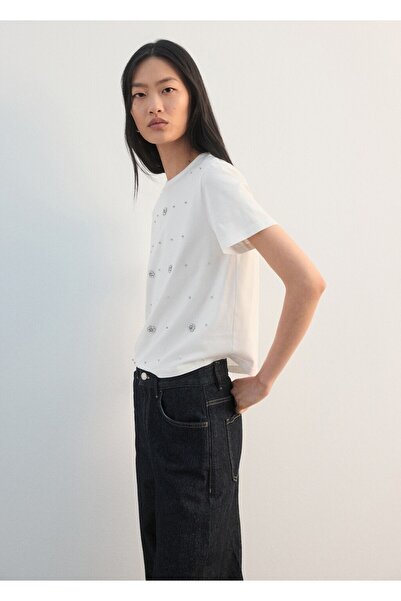 MANGO Woman Stras taşlı pamuklu tişört