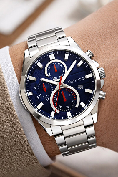 Ferrucci Takvimli Erkek Kol Saati Çelik Kordon Çelik Kasa 3 atm suya Dayanıkl...