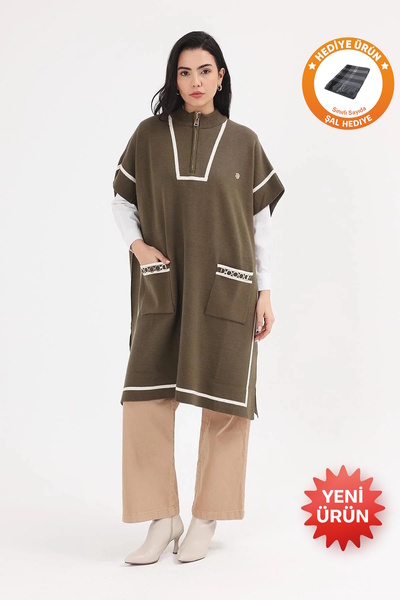 larocci Women's Striped Pocket Zippered Knitwear Poncho