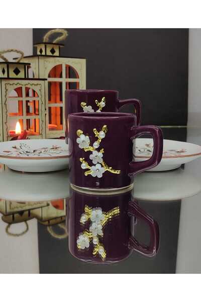 KirLiNova طقم فناجين قهوة بتفاصيل زهرية مكون من قطعتين - فنجان قهوة وصحن - أر...