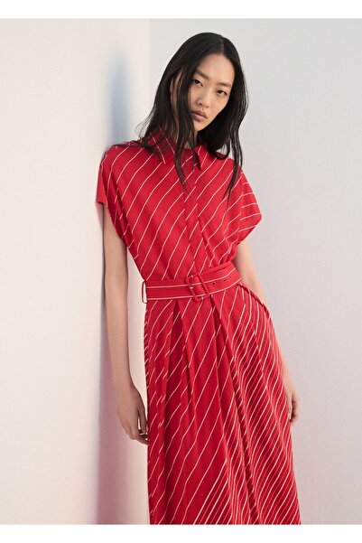 MANGO Woman Kemerli çizgili gömlek elbise