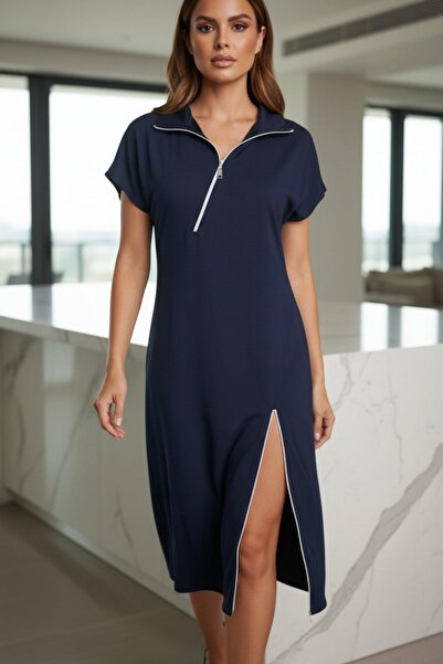 Mossta Rochie midi cu mânecă scurtă cu fermoar, albastru bleumarin