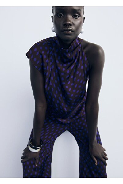 MANGO Woman Puantiye desenli drape yaka bluz