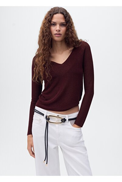 MANGO Woman Lureks kumaş V yaka kazak