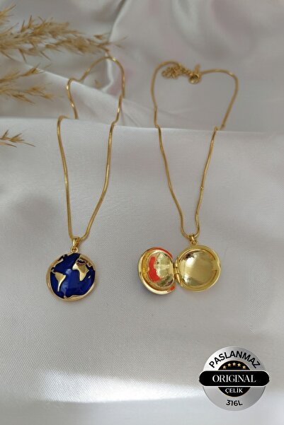 Lynare Dünya Model Açılabilir Kapaklı Resimlikli Düz Zincirli Çelik Kolye