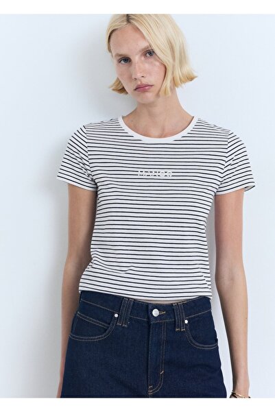 MANGO Woman Logolu çizgili tişört