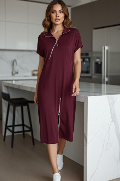 Mossta Rochie midi cu mâneci scurte cu fermoar - roșu claret