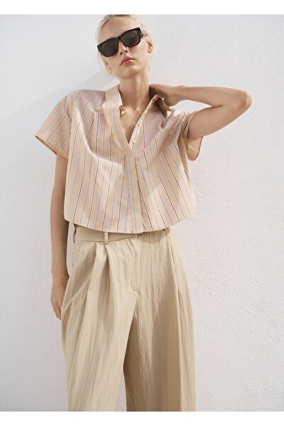 MANGO Woman Kısa kollu çizgili gömlek