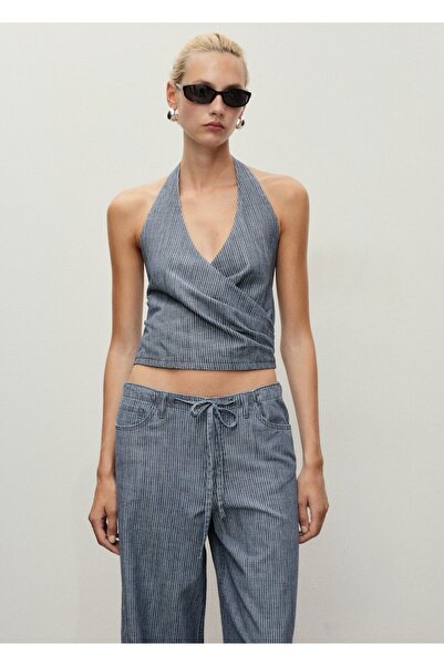 MANGO Woman Çizgili çapraz denim top