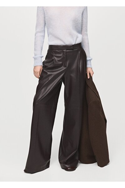 MANGO Woman Deri görünümlü wide leg pantolon
