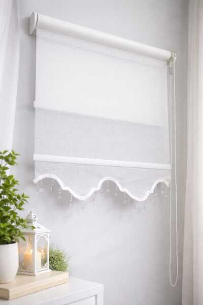 BULUT ÇİFT MEKANİZMALI BONCUKLU ÖZEL KESİM KETEN BEYAZ TÜL,SİMLİ MAT STOR (%8...