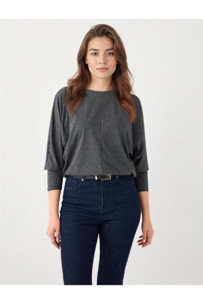 Jimmy Key Anthracite Melange Relaxed Fit Bat Sleeve Crew Neck Knitted Blouse