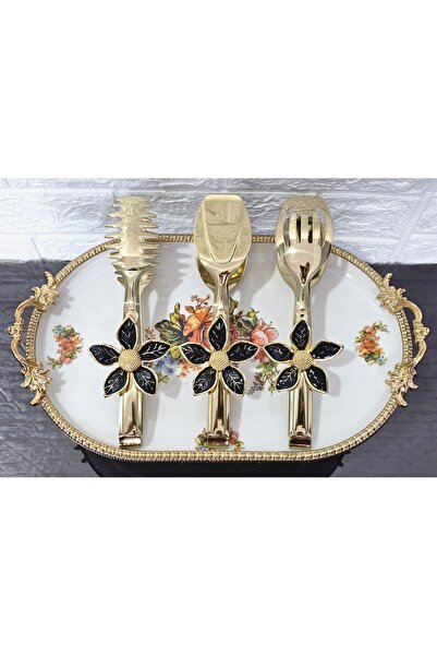 atabey home Gold Servis Maşa Seti 3'lü Papatya Siyah/makarna/pasta/yemek/sunu...