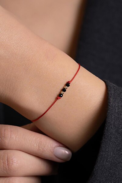 Bayar Gold 14 Ayar Altın Dorikalı Siyah Taşlı İpli Bileklik