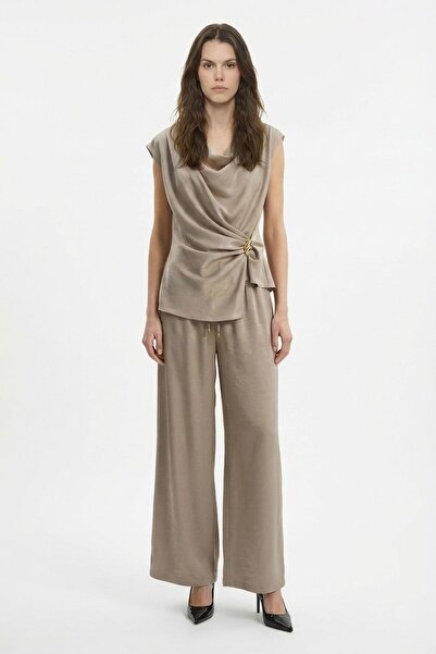 Quzu Beli Bağcıklı Bol Paça Saten Pantolon Vizon