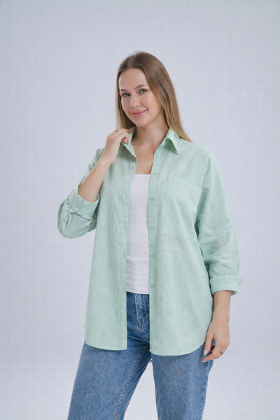 BYMEER Mint Yeşili Flamlı %100 Pamuk Keten Gömlek