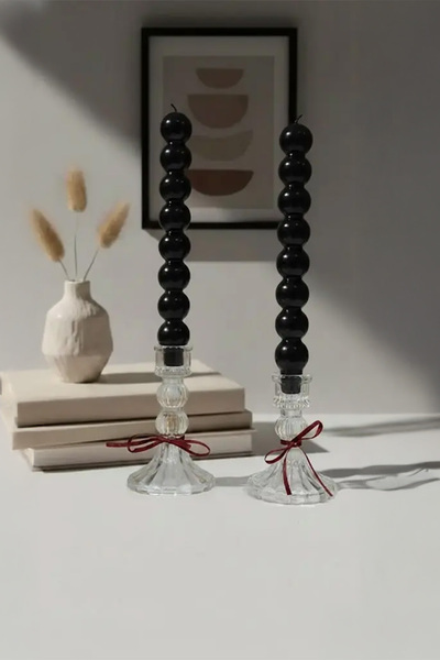 Maison Avf 2'li Cam Şamdan ve Siyah Bubble Sütun Mum Seti - Dekoratif Hediyelik