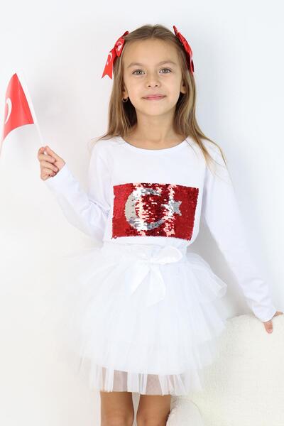 Breeze Tricou cu mânecă lungă pentru fetiță, cu paiete, Semiluna, 4-14 ani, alb