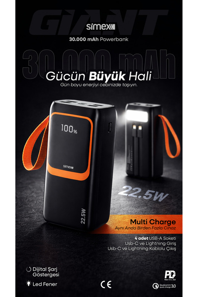Simex 30.000 mAh Powerbank - Dijital Ekranlı 22.5W Hızlı Şarj - Fener Özellik...