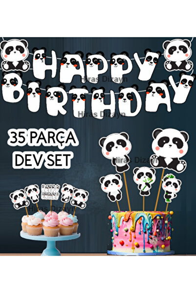 Hiras Dizayn 35 Parça Sevimli Panda Temalı Siyah Beyaz Dev Set Doğum Günü Süs...
