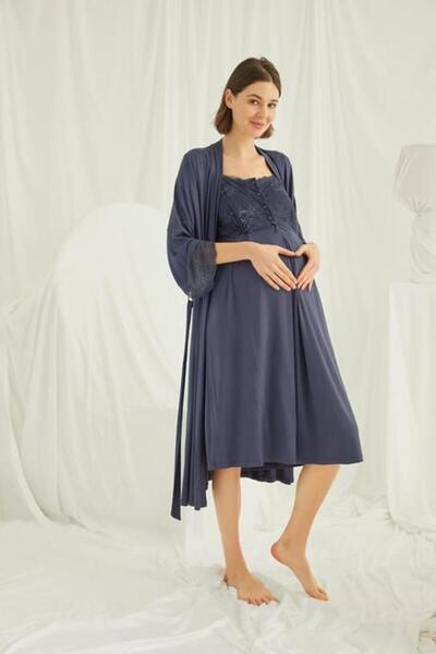MONAMİSE Women's 94% Viscose 6% Elastane Lace Front Dressing Gown Set with Nursing Feature for Pregnant and Postpartum Women