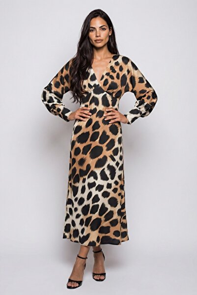 OLSAMODA ROCHIE LUNGĂ DE FEMEI imprimeu leopard CU DECORATIV DE PLIURI, DINȚĂ...