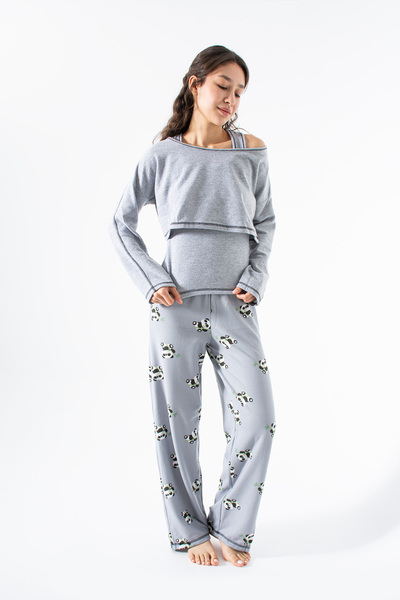 Ecrou Women's Gray Melange Panda Pattern Waffle 3-Piece Pajama Set
