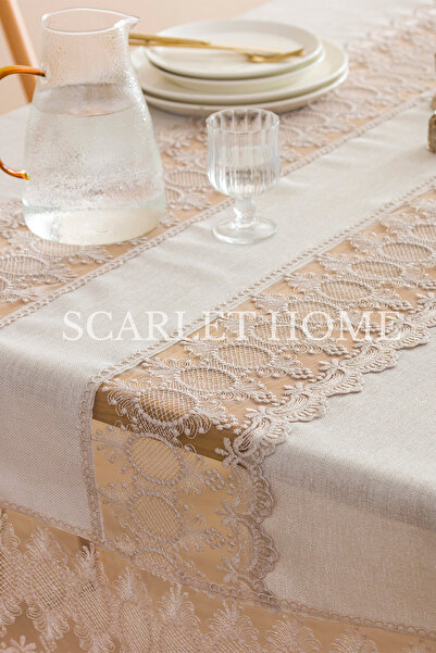 scarlet home collection Hako Simli Keten Fransız Dantelli Masa Örtüsü
