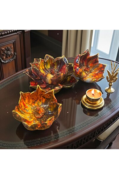 Peramari Dekoratif Polyester Üçlü Lotus Mumluk Sarı Gold Eskitme