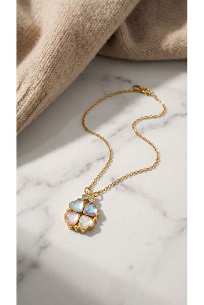 FerizZ Altın Kaplama Renkli Taşlı Açılabilir Yonca Kolye Kly-568