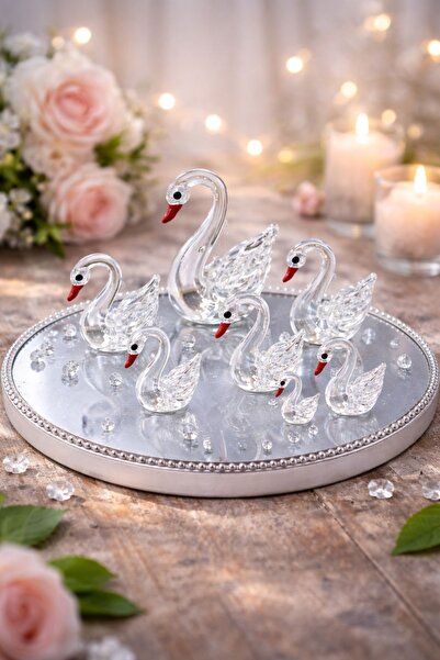 Crystal passion Özel Tasarım Şeffaf Cam Kuğu Biblo Seti – 7’li El Yapımı Deko...