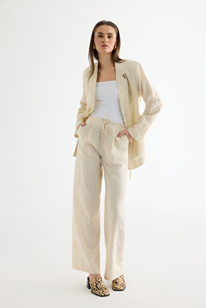 Quzu Striped Lace-Up Wide-Leg Trousers Ecru