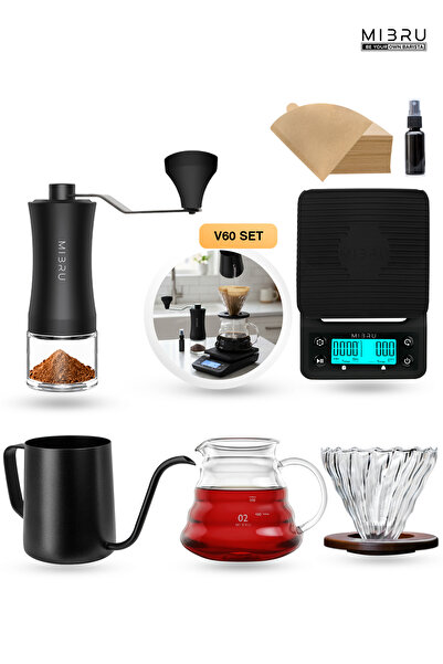 MIBRU مجموعة هدايا قهوة V60 كاملة - الأدوات الأساسية: مطحنة، ميزان، غلاية، وك...