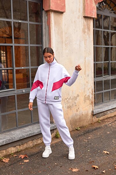 Park Karon Kadın Beyaz Garni Detay Fermuar Kapama Dik Yaka Şardonlu Takım