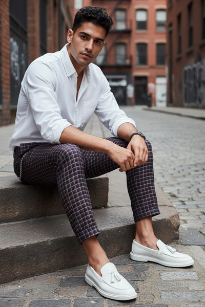 dehaine Men's casual pants, plaid, slim fit, Navy blue, 10061