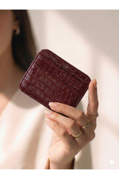 PurpleART Γυναικεία Βουργουνδία Μίνι Θήκη Καρτών με 5 Θέσεις και Σχέδιο Κροκό...