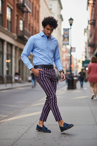 dehaine Men's casual pants, striped, slim fit, Burgundy, B1556