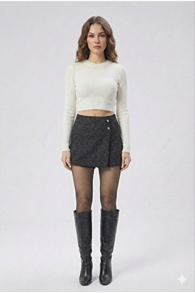 DALİAYILDIZ Women's Black Tweed Mini Button Detailed Shorts Skirt