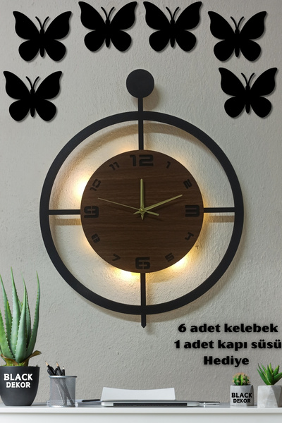 Blackdekor Ceviz Led Işıklı Duvar Saati - 50 Cm Büyük Dekoratif Ahşap Saat | ...