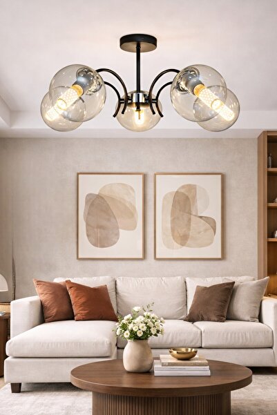 ESSLİGHT Luna 5’li Füme Glob Camlı Modern Salon Mutfak Yatak Odası Avizesi