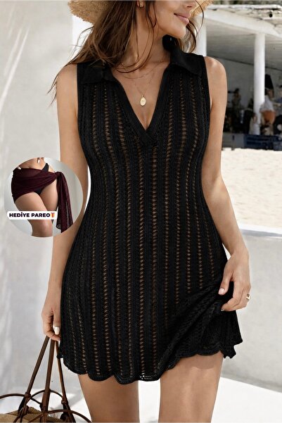 moda mh Shirt Collar Hollowed Out Beach Dress