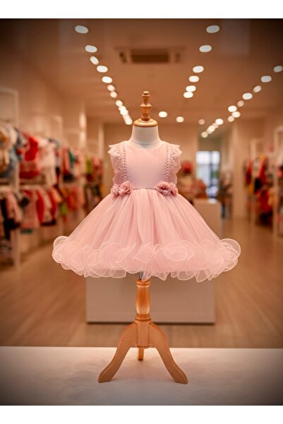 Miaras Kız Bebek Pembe Dantelli Tül Elbise – Çiçek Detaylı Özel Tasarım Abiye