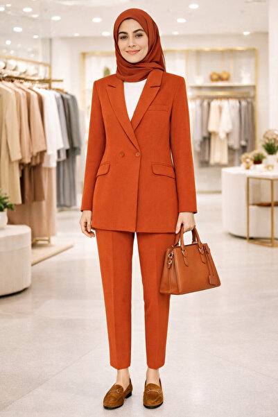Timburly Terracotta Blazer Ceket-Pantolon Dokuma Alt-Üst Takım