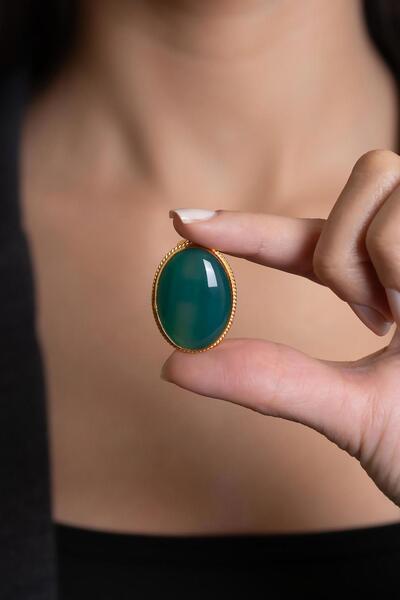 Bayar Gold 14 Ayar Altın Yeşil Akik Taşlı El İşi Büyük Boy Kolye Ucu