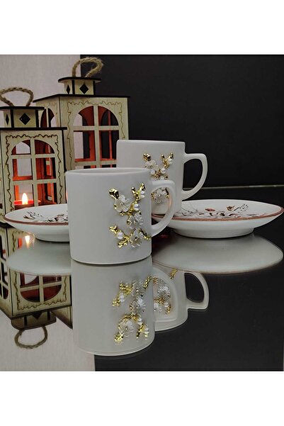 KirLiNova Flower Detailed Coffee Cup Set of 2 – Coffee Cup & Saucer - White